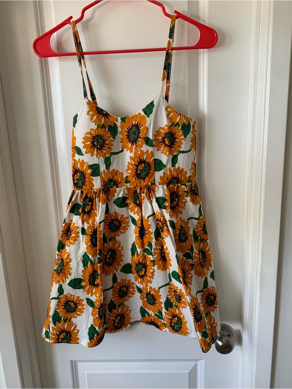 Sunflower Print Spaghetti Strap Mini Dress - White & Yellow